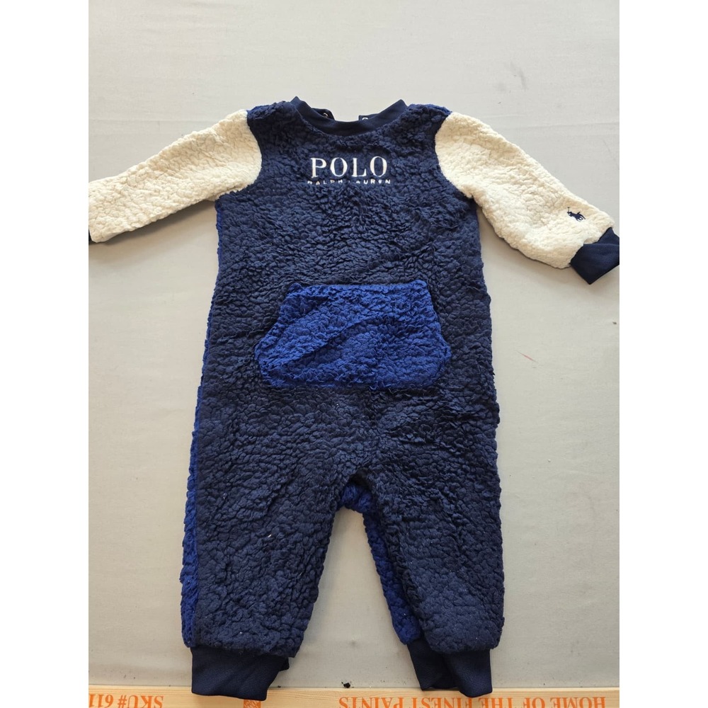 Polo Ralph Lauren Baby Boy Sherpa Fleece Coverall Navy Blue Cream 6M
